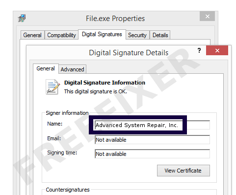 Screenshot of the Advanced System Repair, Inc. certificate